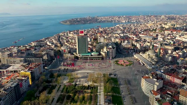 Taksim Square Aerial view with drone, No People, Covid-19 Pandemic Curfew.