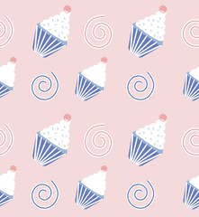 Trendy pastel pattern with sweet cupcakes. Cute ornament for posters, banners, wrapping paper, packing, textile. Vector illustration