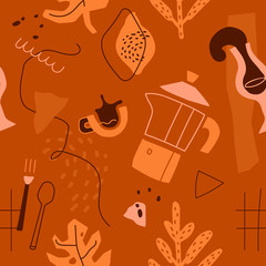 Vector seamless pattern with geyser, espresso, glass with a drink, cutlery, plants, line structures and dots, various geometrical shapes. Abstract trendy background on the food theme. Textile print.