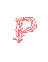 Letter P pink colored seaweeds underwater ocean plant sea coral elements flat vector illustration on white background