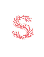 Letter S pink colored seaweeds underwater ocean plant sea coral elements flat vector illustration on white background © Alfmaler