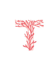 Letter T pink colored seaweeds underwater ocean plant sea coral elements flat vector illustration on white background