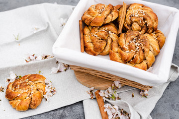 Top view of a basket with cinnamon rolls on a gray background.