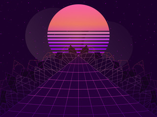 80s retro sci-fi background. Futuristic landscape in virtual reality. Synthwave and retrowave style. Vector illustration
