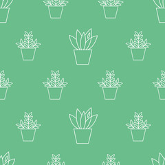 Eco seamless pattern with linear white houseplants on the green background. Pretty ornament for wrapping paper, packaging, label, scrapbook, textile. Vector illustration
