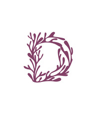 Letter D purple colored seaweeds underwater ocean plant sea coral elements flat vector illustration on white background