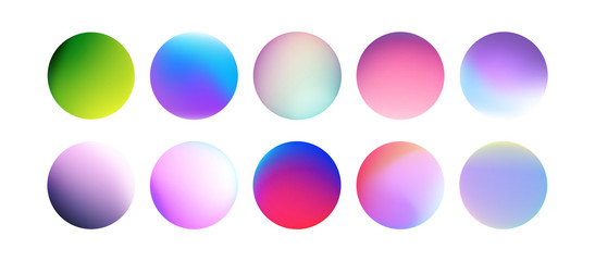 Set of multicolor  flat round buttons with vivid color spheres. Rounded holographic gradient sphere button with bright colors. Modern abstract for background texture and template for design materials