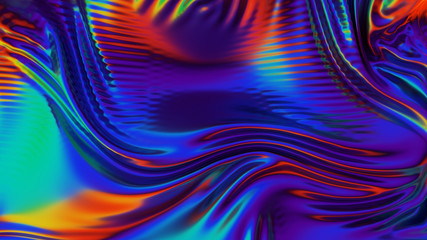 Iridescent chrome wavy cloth fabric abstract background, ultraviolet holographic foil texture, liquid petrol surface, ripples, metallic reflection. 3d render illustration.