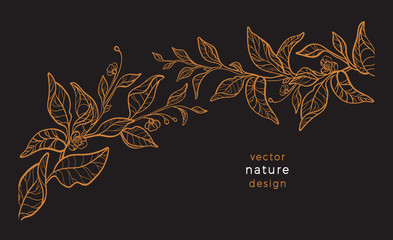 Vector art line plant, tea leaf Gold retro garland