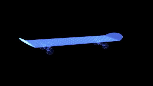 The hologram of a skate. 3D animation of skateboard on a black background with a seamless loop