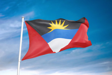 Antigua and Barbuda flag waving sky background 3D illustration