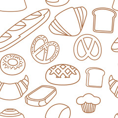 Seamless pattern outline silhouette bakery products set for bakery shop cartoon food bread collection flat vector illustration on white background