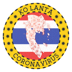 Round badge with shape of Ko Lanta. Yellow island lockdown emblem with title and virus signs. Vector illustration.