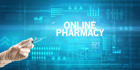 Close-up view of doctor's hand in a white glove holding syringe with ONLINE PHARMACY inscription, healthcare and medical concept