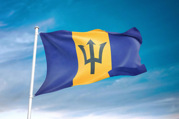 Barbados flag waving sky background 3D illustration