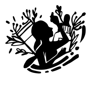 recommend clip art: Black silhouette girl with cosmetics and vegetation flat vector illustration on white background