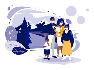 Family with masks in front of landscape vector design