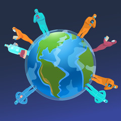 Naklejka premium Vector stock illustration. Doctors on the globe are global protection and treatment for a viral pandemic.