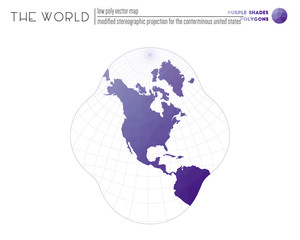Polygonal map of the world. Modified stereographic projection for the conterminous United States of the world. Purple Shades colored polygons. Modern vector illustration.