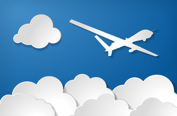  white uav military drone with clouds on blue air background