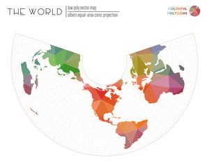 Abstract world map. Albers equal-area conic projection of the world. Colorful colored polygons. Elegant vector illustration.