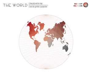 Triangular mesh of the world. Van der Grinten II projection of the world. Red Grey colored polygons. Amazing vector illustration.