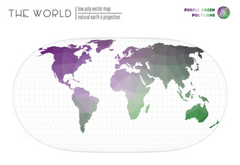 World map in polygonal style. Natural Earth II projection of the world. Purple Green colored polygons. Creative vector illustration.