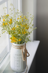 Wild flowers in the painted jar. Handmade vase. Natural and beautiful decor on the wooden window sill. Reuse  glass container.