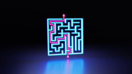 Neon labyrinth. Problem with solution concept. 3D render
