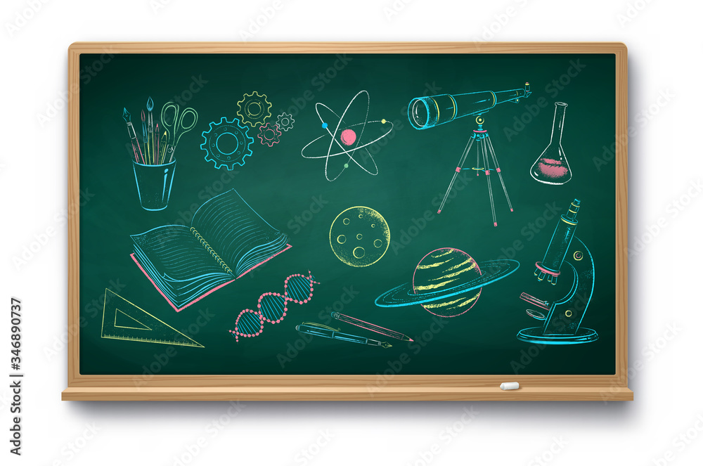 Wall mural chalk drawn set of science objects