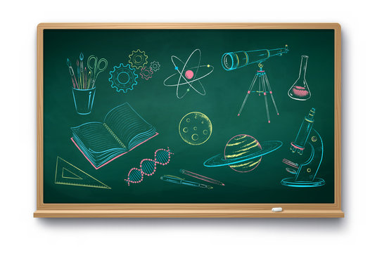 Chalk drawn set of science objects