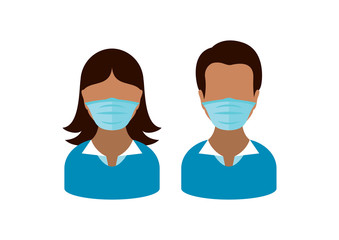 Man and woman wearing medical mask on face to prevent Covid-19 vector. People with coronavirus mask vector. Face with protective mask icon. Coronavirus vector. Coronavirus COVID-19 disease vector