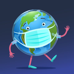 Vector stock illustration. Live globe eyes and protective medical mask. Funny cartoon character