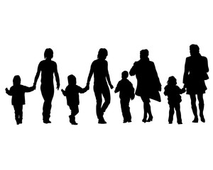 Families with little child walking on street. Isolated silhouettes of people on white background