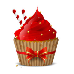 Sweet cupcake with red icing decoration of golden balls and thin wafer tubes on a white background. isolated object. Vector illustration