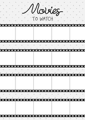 Vector illustration for printable with cine-film on polka dot background. Minimalist planner of watching movies for journal page, daily planner template, blank for notebook. A4 paper sheet.