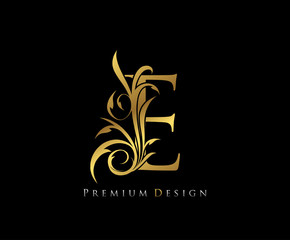 Luxury Gold Premium E Letter . Graceful style. Calligraphic beautiful logo. Vintage drawn emblem for book design, brand name, business card, Restaurant, Boutique, Hotel.
