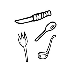 Vector illustration gravure cutlery fork, spoon and knife ladle. Black on white background