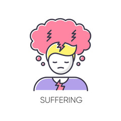 Suffering RGB color icon. Anxiety disorder. Depression symptom. Feeling of pain. Migraine from tension. Negative psychological state. Mental health issue. Isolated vector illustration