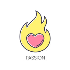 Passion RGB color icon. Intense positive emotion. Affection and lust. Sexual drive. Desire from libido. Flaming heart. Eager and attraction. Romantic relationship. Isolated vector illustration