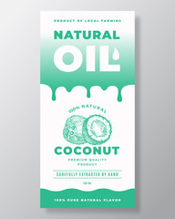 Natural Oil Abstract Vector Packaging Design or Label Template. Modern Typography, Gradient Drips and Hand Drawn Coconuts Sketch Silhouette Background Layout.