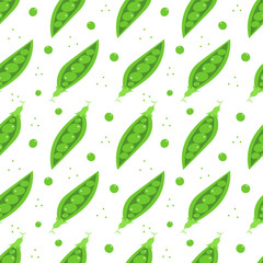 Hand-drawn vector seamless pattern with green peas on a white background.Fresh or frozen green peas packaging.