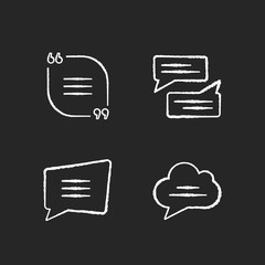 Textbox chalk white icons set on black background. Empty group chat and feedback box. Blank speech bubbles. Online communication and notification. Isolated vector chalkboard illustrations