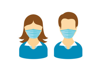 Man and woman wearing medical mask on face to prevent Covid-19 vector. People with coronavirus mask vector. Face with protective mask icon. Coronavirus vector. Coronavirus COVID-19 disease vector