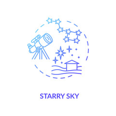 Naklejka premium Starry sky blue concept icon. Watch constellation with telescope. Night sky observation in countryside. Country camping idea thin line illustration. Vector isolated outline RGB color drawing