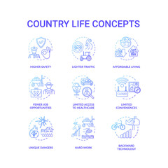 Country life blue concept icons set. Advantage and disadvantage of farming. Work outside city. Village living idea thin line RGB color illustrations. Vector isolated outline drawings