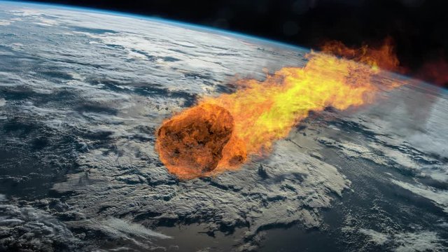 Meteorite Falling to Earth. Asteroid, comet, meteorite glows, enters the earth's atmosphere. Attack of the meteorite. Meteor Rain. End of the world. Elements of this image furnished by NASA