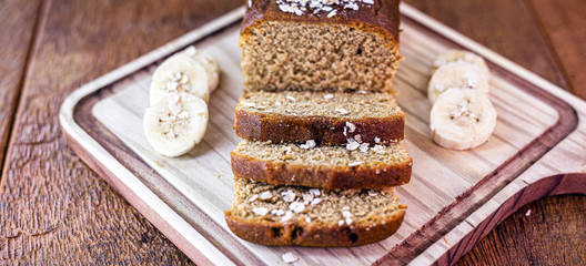homemade vegan bread with oats. Sliced ​​bread, banana flavor.