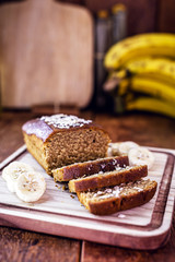 homemade vegan bread with oats. Sliced ​​bread, banana flavor.