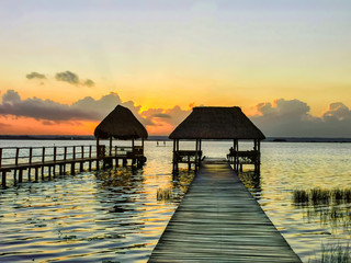 Fototapeta na wymiar Sunrise in Bacalar Lake, Quintana Roo, Mexico